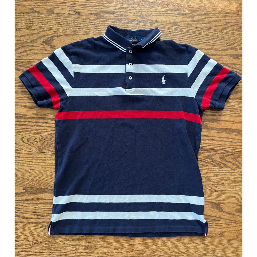 Polo Ralph Lauren Custom Slim Fit Striped Polo Shirt Navy Red Womens Medium